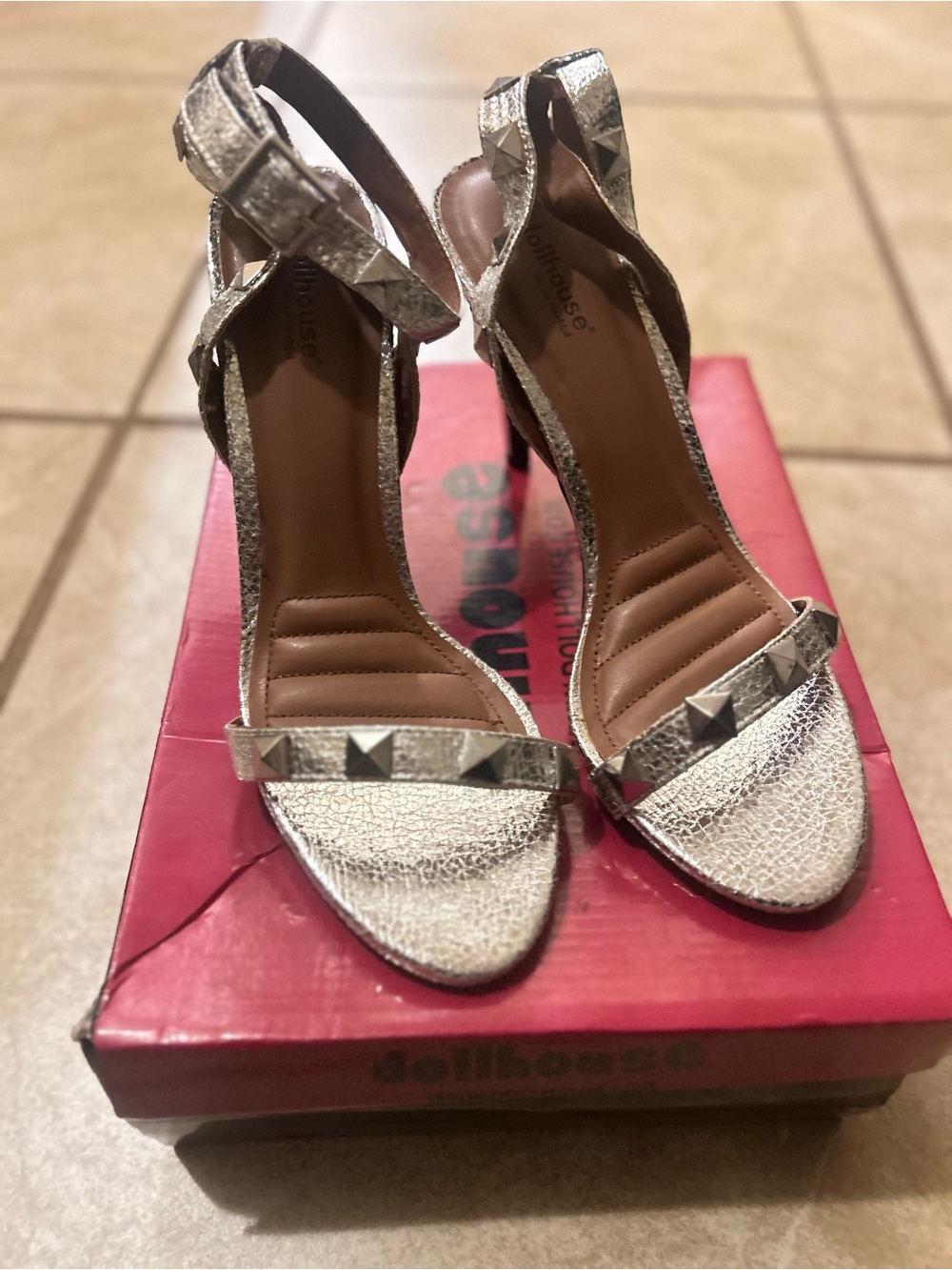 NEW Dollhouse Silver Metallic Studded Ankle Strap Heels 4.5” Stiletto | Size 8.5